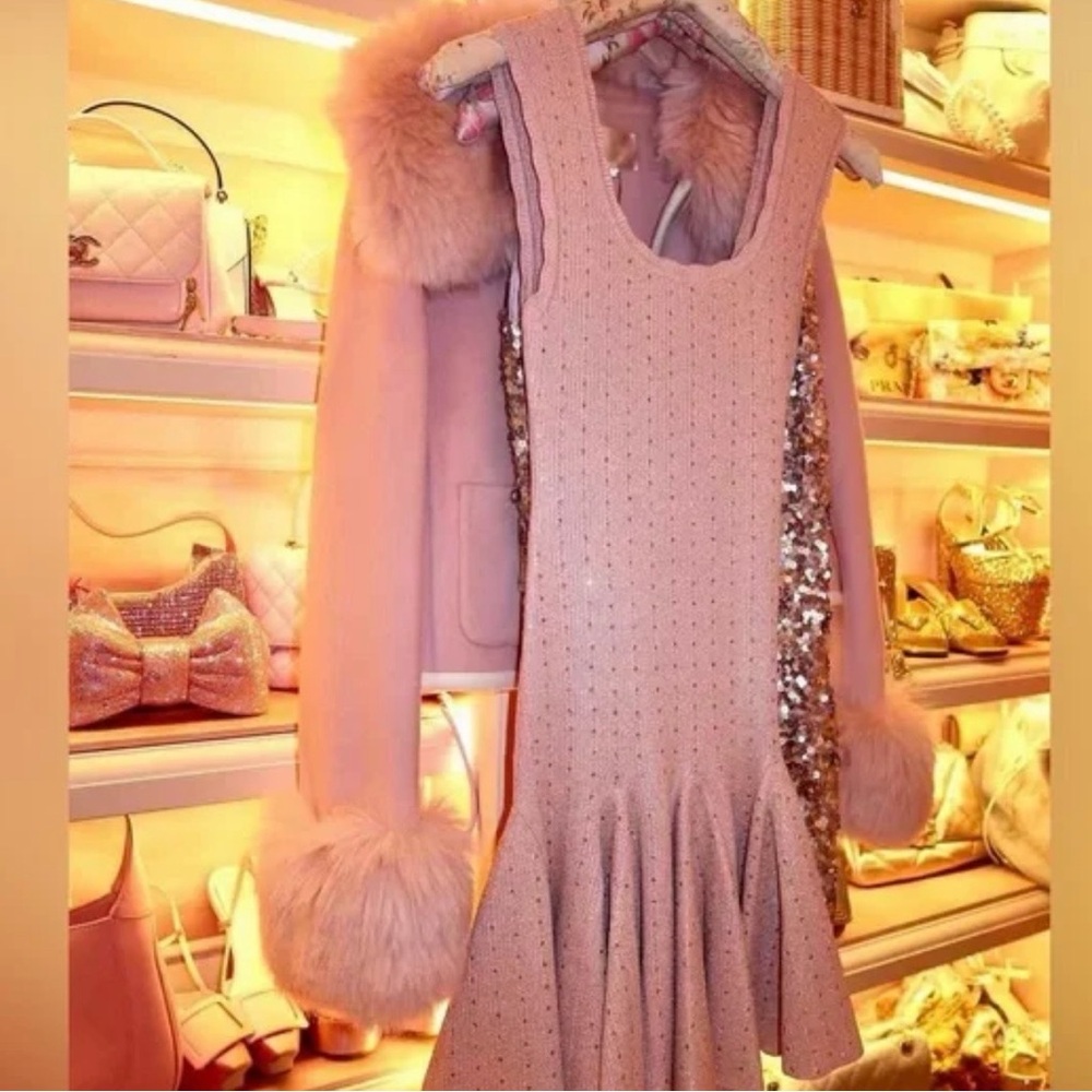 LoveShackFancy Maryanne Crystal Knit Mini Dress In PINK CHAMPAGNE, brand new. - Picture 5 of 7